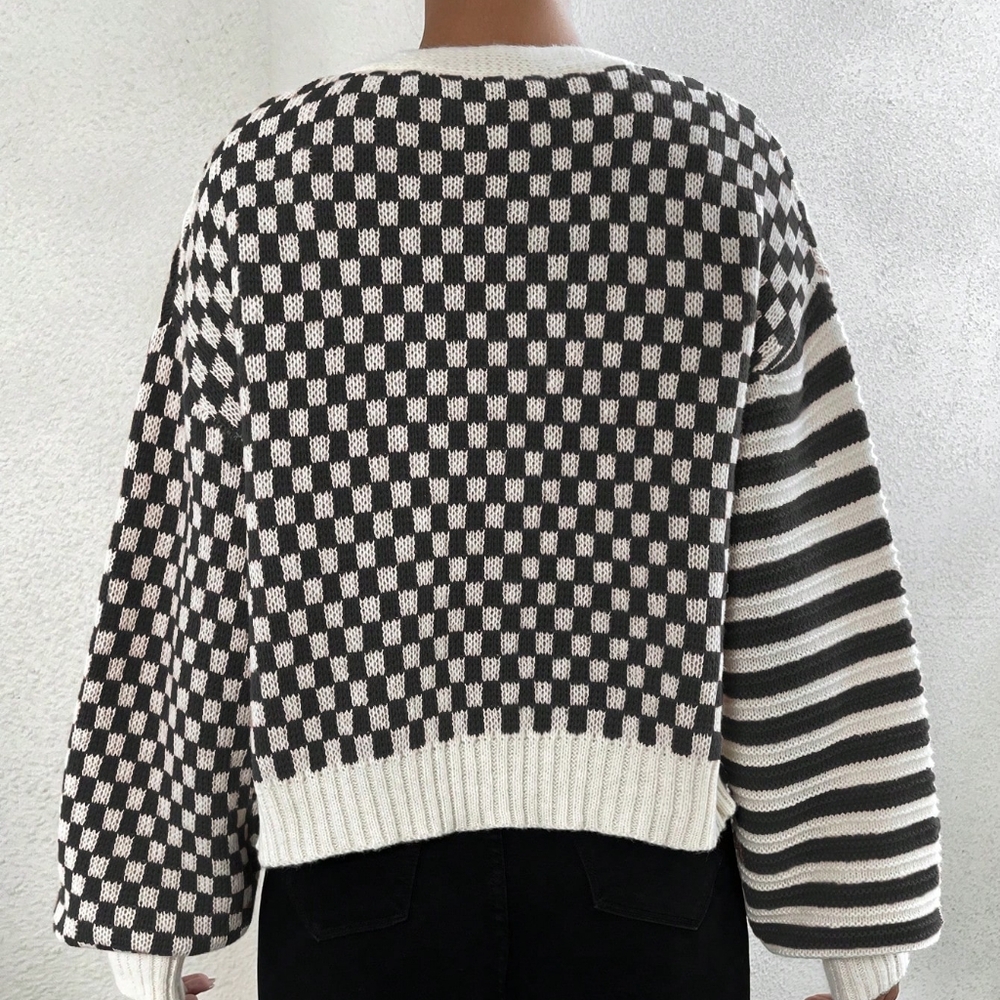 Striped & Checker Pattern Lantern Sleeve Drop Shoulder Cardigan - Picture 5 of 5